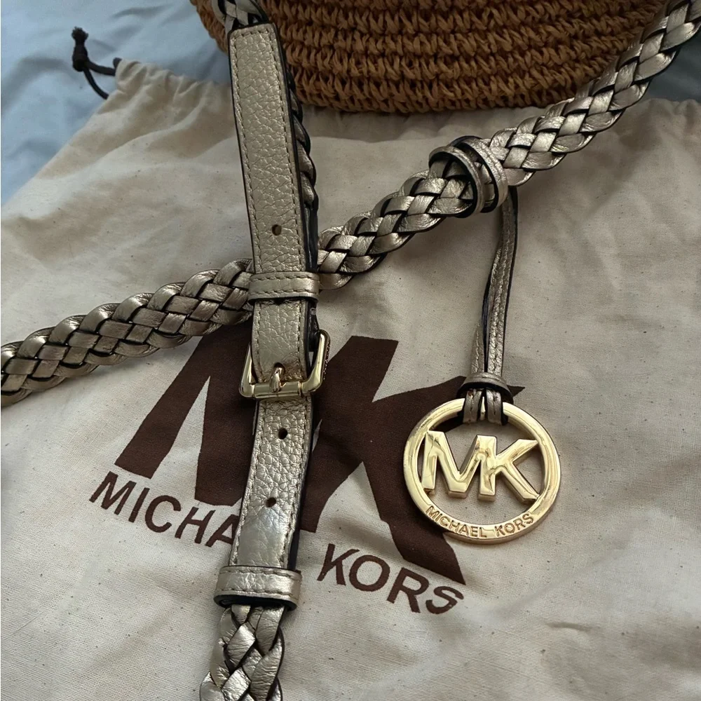 Vintage Michael Kors Tan Woven Crossbody with Gold MK Charm and drawstring bag.